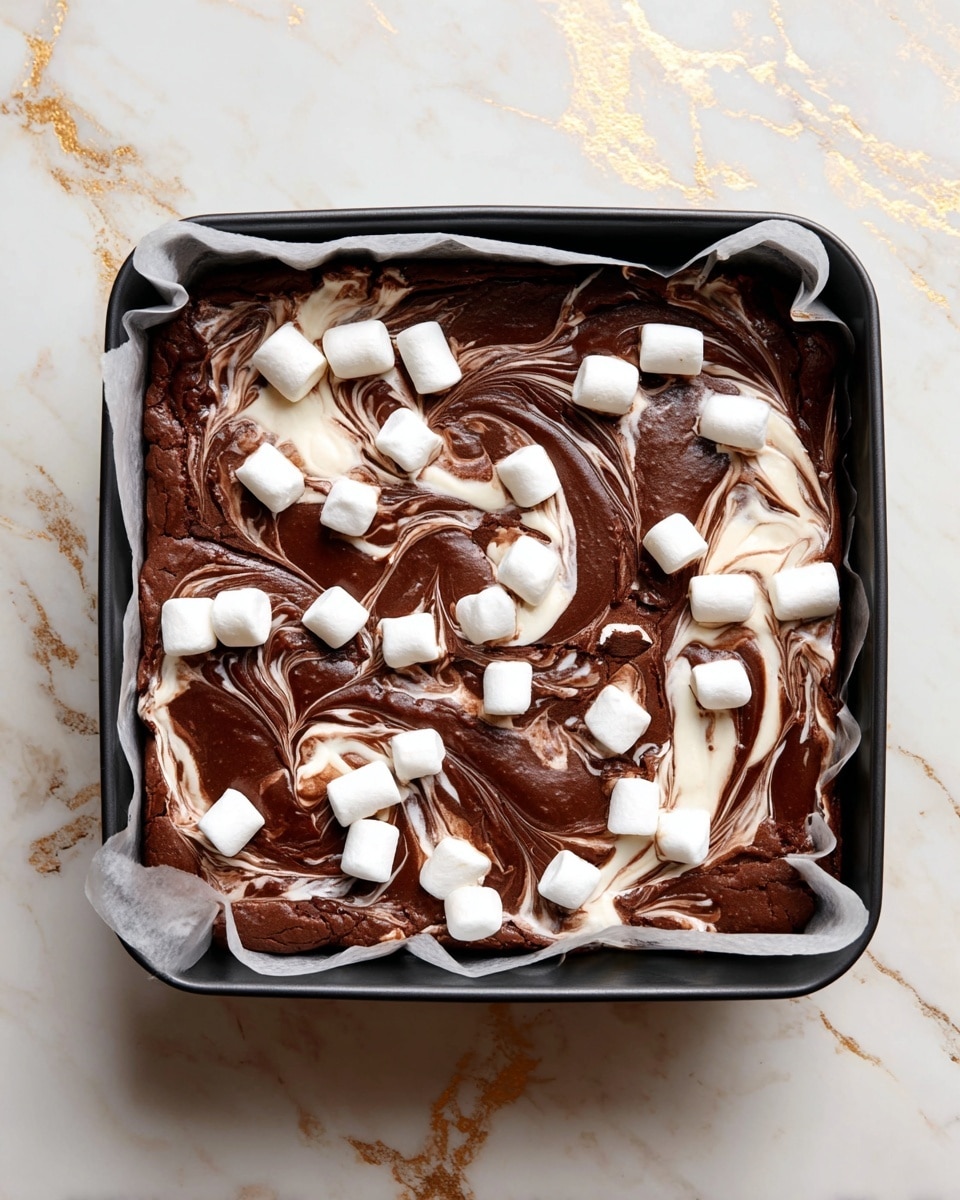 A square black baking pan lined with white parchment paper holds a rich chocolate dessert. The top layer is mostly dark brown, thick and glossy chocolate with white cream swirled into it creating smooth marbled patterns. Scattered evenly on top are small, soft, white marshmallows, some showing a light toasting with brown spots. The pan sits on a white marbled surface with gold streaks. photo taken with an iphone --ar 4:5 --v 7