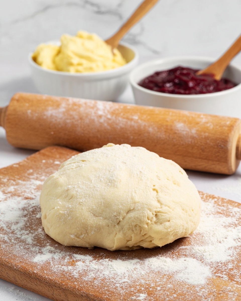 A soft, pale dough ball rests on a wooden board dusted with white flour; behind it, a wooden rolling pin with light flour marks lies horizontally, and two white bowls are faintly visible—one with a creamy yellow mixture and the other filled with a deep red spread, each accompanied by wooden spoons. The background and surface show a clean white marbled texture. photo taken with an iphone --ar 4:5 --v 7