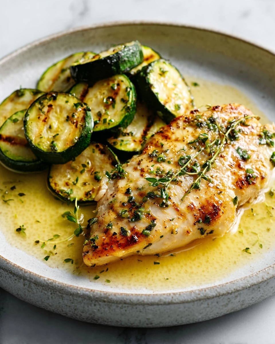 A white plate on a white marbled surface holds a single piece of grilled chicken with a light golden brown color and small green herb pieces sprinkled on top. To the left of the chicken, there are several round slices of grilled zucchini with dark grill marks and a slightly shiny texture. The chicken is sitting in a light yellow sauce that pools around the bottom of the plate, giving a glossy look. Photo taken with an iphone --ar 4:5 --v 7