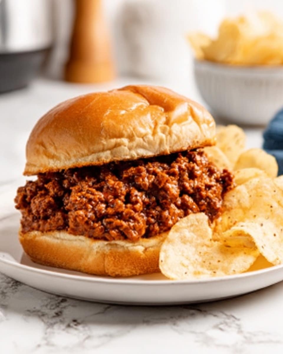The image shows a sloppy joe sandwich on a soft, slightly shiny golden brown bun. The sandwich is filled with a thick, reddish-brown, chunky ground meat mixture that almost spills out from the sides. Next to the sandwich on the white plate are pale yellow potato chips with some visible black seasoning specks. The plate sits on a white marbled textured surface, and there are blurred kitchen items in the background. The overall look is warm and inviting. photo taken with an iphone --ar 4:5 --v 7