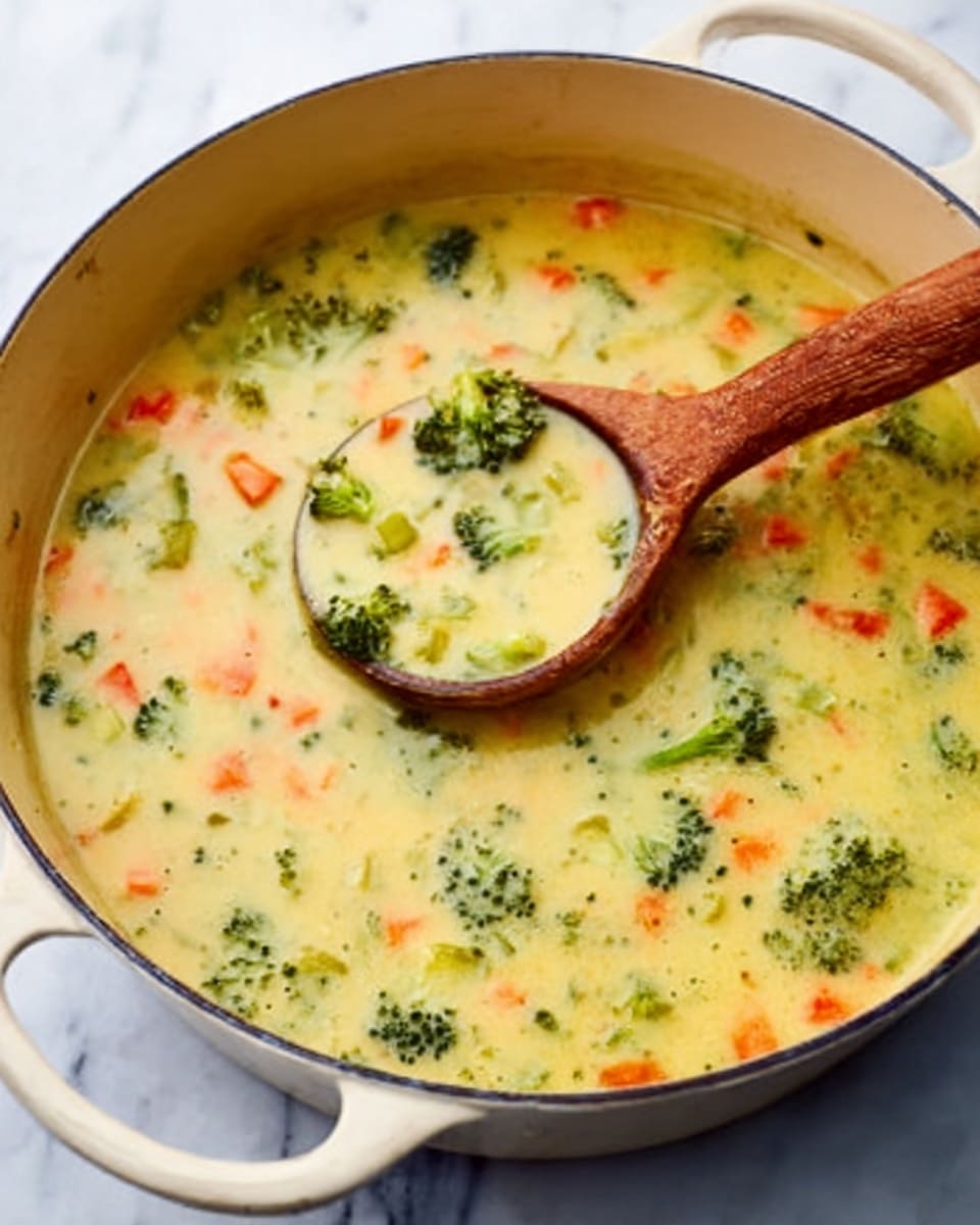 A white pot filled with creamy light yellow soup that has small pieces of bright orange carrots, light green celery, and dark green broccoli evenly spread throughout. A wooden spoon is scooping a round portion of the soup, showing the chunky texture of the vegetables floating in the thick broth. The pot sits on a white marbled surface, highlighting the warm colors of the soup. photo taken with an iphone --ar 4:5 --v 7