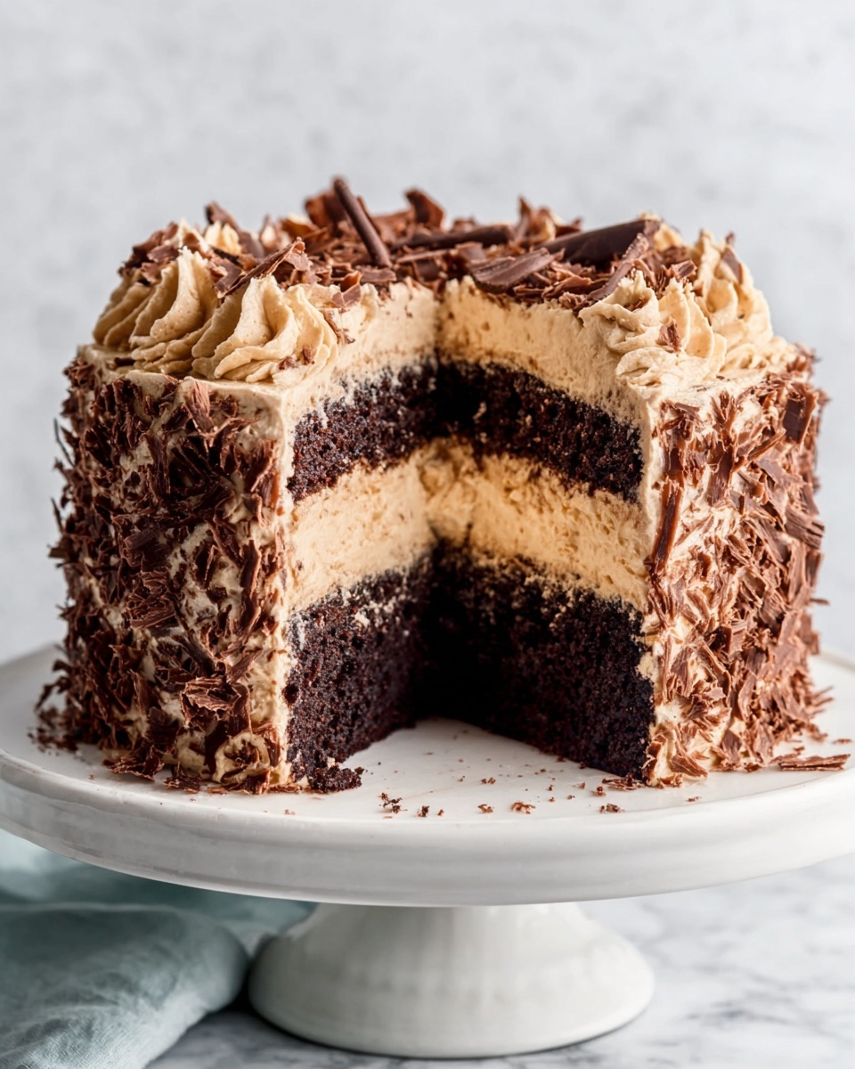 The image shows a three-layer chocolate cake with a slice removed. The bottom and top layers are dark chocolate cake with a moist texture, while the middle layer is a light brown creamy filling. The outside is covered with the same light brown cream, textured and fluffy, with chocolate shavings placed on top. The cake sits on a white cake stand, and the background is a white marbled texture. photo taken with an iphone --ar 4:5 --v 7