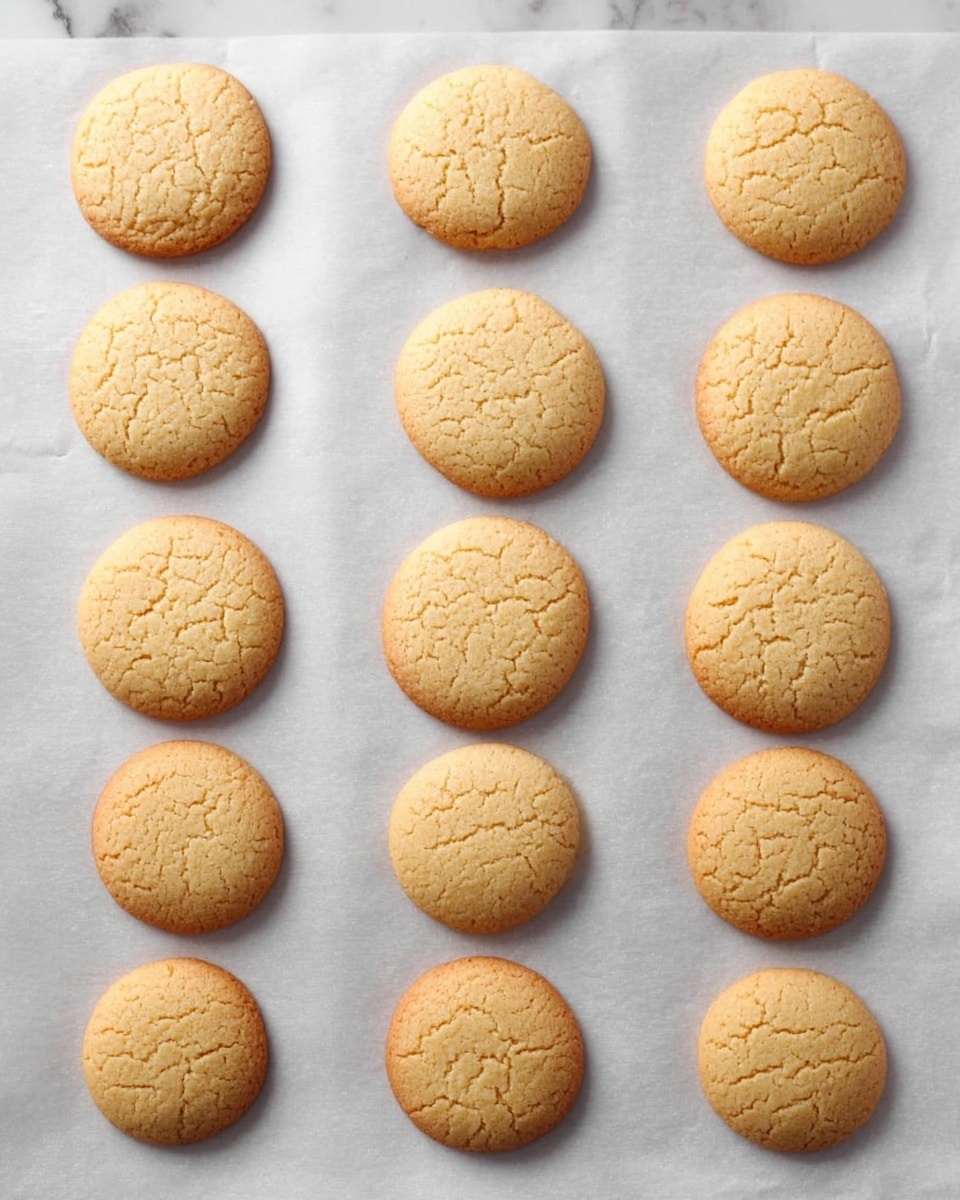 The image shows five rows of round, light golden brown cookies evenly spaced on a sheet of white parchment paper, placed on a white marbled surface. The cookies have a smooth tops with slight cracks and a soft texture, each about the same size, creating a neat grid pattern. Photo taken with an iphone --ar 4:5 --v 7