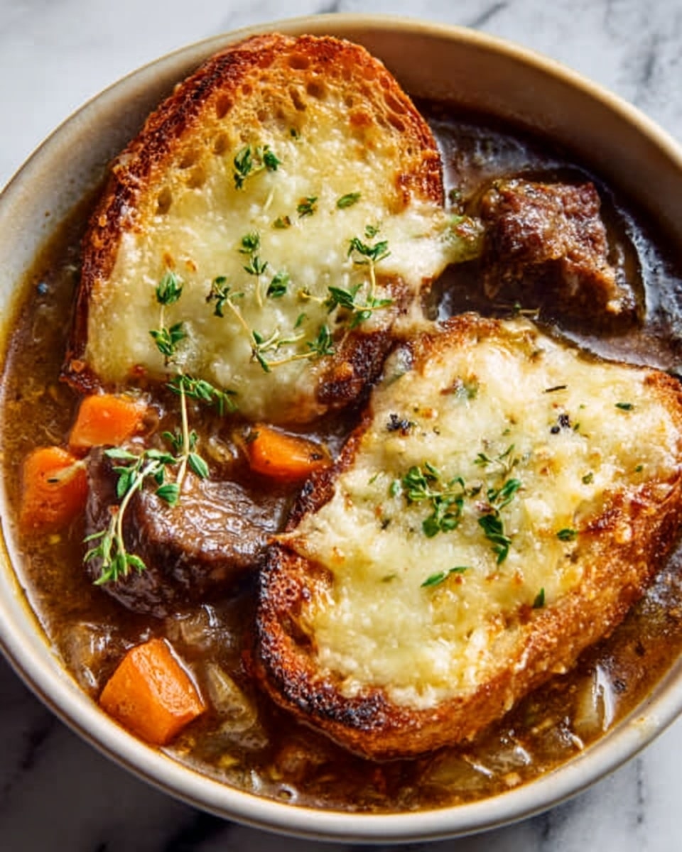 A white bowl sits on a white marbled surface, filled with a brown stew containing visible chunks of orange carrots and onions at the base. On top, two slices of toasted bread with melted cheese cover most of the center and right side of the bowl, showing golden brown melted cheese with some herbs on top. Next to the bread, two pieces of browned meat rest partially submerged in the stew, garnished with small green herb sprigs. The texture of the stew is thick and slightly glossy. Photo taken with an iphone --ar 4:5 --v 7