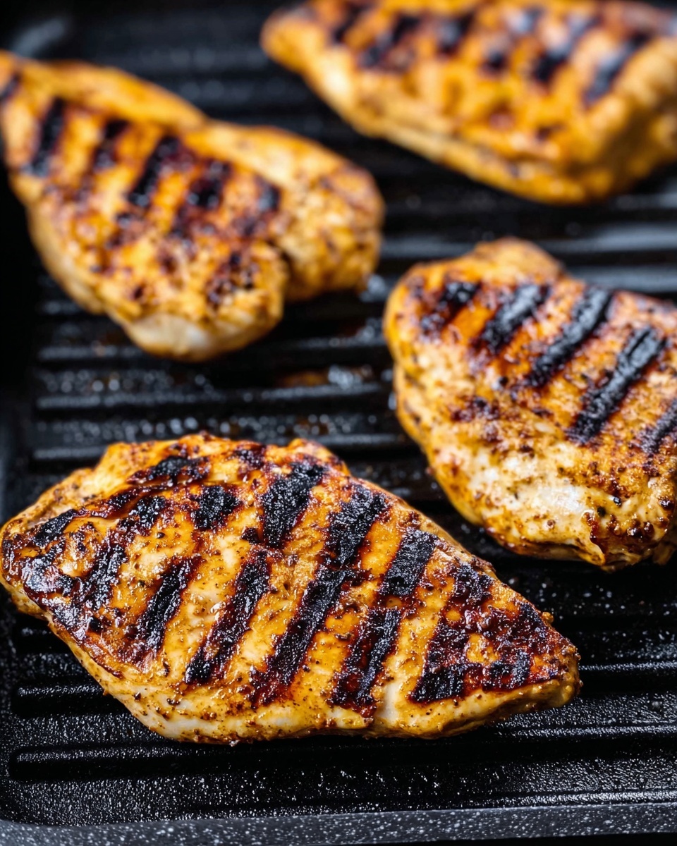 The image shows four grilled chicken pieces on a black grill pan. Each piece has dark, thick grill marks running diagonally across the golden-brown surface, showing a crispy texture. The chicken pieces look well-cooked with visible blackened charred areas mixed with lighter, juicy parts. The background is a close-up of the ridged grill pan, emphasizing the contrast between the dark grill lines and the bright chicken. photo taken with an iphone --ar 4:5 --v 7