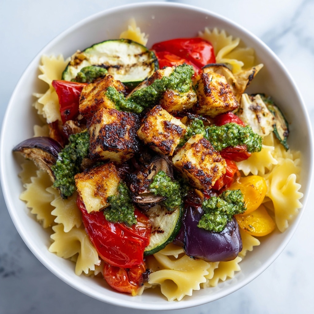 A close-up view of a white bowl filled with several layers of food, the bottom layer has yellow spiral pasta with a soft texture. Scattered on top are cubes of light brown grilled cheese showing slight browning on edges, deep red cherry tomatoes, and pieces of purple onion with a slight shine. There are also pieces of grilled green zucchini and red bell pepper. On top of these ingredients, small dollops of bright green pesto sauce add a textured finish. The white bowl is placed on a white marbled surface. Photo taken with an iphone --ar 4:5 --v 7