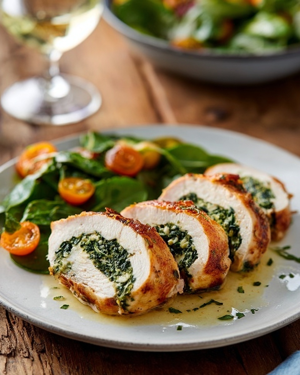 The dish shows three thick slices of stuffed chicken placed on a white plate with a light drizzle of sauce around them. The chicken slices have a golden brown outside layer, while inside there is a bright green spinach filling with a smooth white layer of chicken meat surrounding it. At the back of the plate, there is a fresh salad made of dark green spinach leaves and halved orange cherry tomatoes, adding fresh color contrast. The plate sits on a wooden surface with a glass of white wine and another bowl of salad blurred softly in the background. photo taken with an iphone --ar 4:5 --v 7