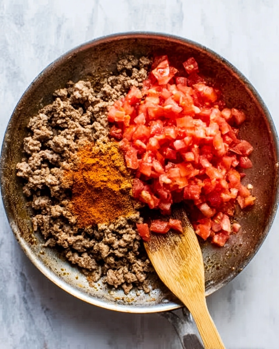 The image shows a metal pan filled with cooked ground meat that is brown and crumbly at the bottom left, topped with bright red diced tomatoes on the right. A reddish-brown spice layer is spread slightly below the tomatoes on the meat. A woman's hand is stirring the ingredients with a wooden spatula from the right side. The pan is placed on a white marbled surface. photo taken with an iphone --ar 4:5 --v 7