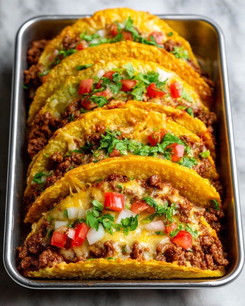 The image shows a tray with three crispy taco shells filled with layers. Each shell is golden yellow and crunchy. Inside each taco, at the bottom, there is a layer of ground meat cooked brown, followed by melted yellow cheese covering the meat. On top of the cheese, there are small chunks of red tomatoes and green cilantro sprinkled evenly. There are also small pieces of white onion visible among the toppings. The tacos are arranged side by side in a silver tray, placed on a white marbled surface. The photo is taken with an iphone --ar 4:5 --v 7