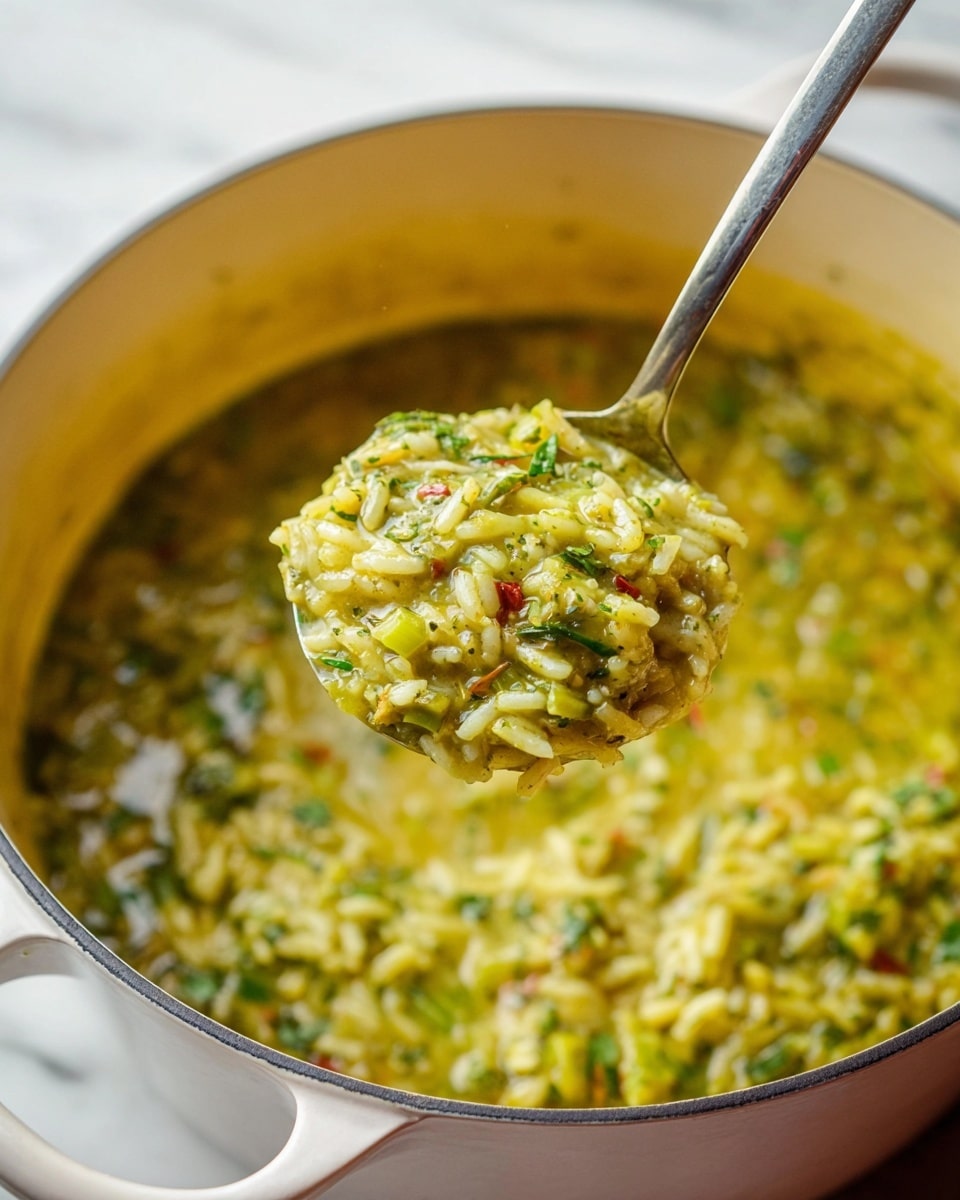 The image shows a close-up of a white pot filled with a thick greenish-yellow soup or stew with visible rice and small bits of vegetables, including green herbs and tiny red pieces. A metal spoon is held above the pot, scooping a spoonful of the mixture, highlighting the texture of the rice and herbs. The pot sits on a white marbled surface, and the background is softly blurred to focus attention on the spoon and the pot's contents. Photo taken with an iphone --ar 4:5 --v 7