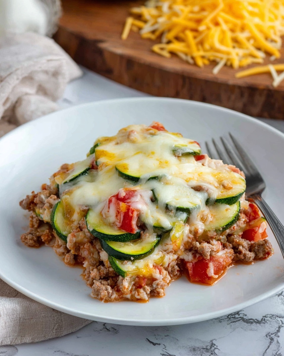 A white plate holds a layered dish with three main layers visible. The base layer is a mix of cooked ground meat with a light brown color, scattered with chunks of red tomato. The middle layer shows several slices of green zucchini with light, soft edges placed evenly over the meat and tomatoes. The top layer is melted cheese in pale yellow and white colors, slightly gooey and spread unevenly, covering the zucchini and meat mix. A silver fork rests on the side of the plate on a white marbled surface, and in the background, there is a wooden board with shredded yellow cheese spread on it. Photo taken with an iphone --ar 4:5 --v 7