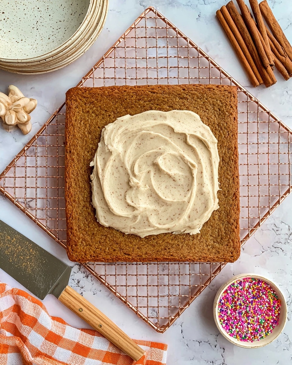 A square brown cake layer with a rough texture lies flat on a rose gold cooling rack over a white marbled surface. In the center of the cake, there is a thick dollop of light beige frosting with visible specks, showing a smooth and creamy texture with swirled peaks. To the bottom left of the cake, a metal spatula with a wooden handle rests on the cooling rack. Near the bottom right corner, there is a small white bowl filled with colorful round and stick sprinkles in shades of orange, pink, purple, and gold. The top right holds a small bundle of cinnamon sticks, and in the top left corner, a stack of five white plates is slightly visible. A checkered cloth with orange and white lines is placed on the bottom right side. photo taken with an iphone --ar 4:5 --v 7