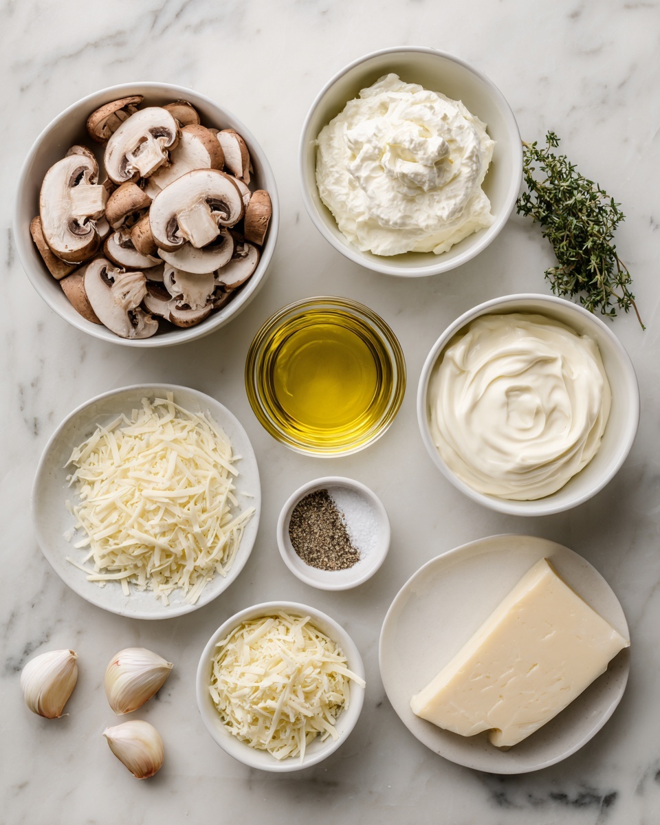 The image shows an overhead view of several white bowls and small dishes arranged on a white marbled surface. The top left bowl is filled with sliced brown mushrooms, neatly layered. To its right, a bowl holds a smooth, creamy white mixture. Below it is a bowl with a thick, soft cream, and below that is another bowl with a similar white creamy substance but slightly different in texture. In the center of the image is a small glass container filled with golden yellow oil. On the bottom left, there are two garlic cloves on the marble beside a small dish with shredded white cheese. Next to that is a small dish of coarse black pepper and salt side by side. Below these is a small dish of finely grated pale yellow cheese, and a green sprig of herbs lies at the bottom left corner. Photo taken with an iphone --ar 4:5 --v 7