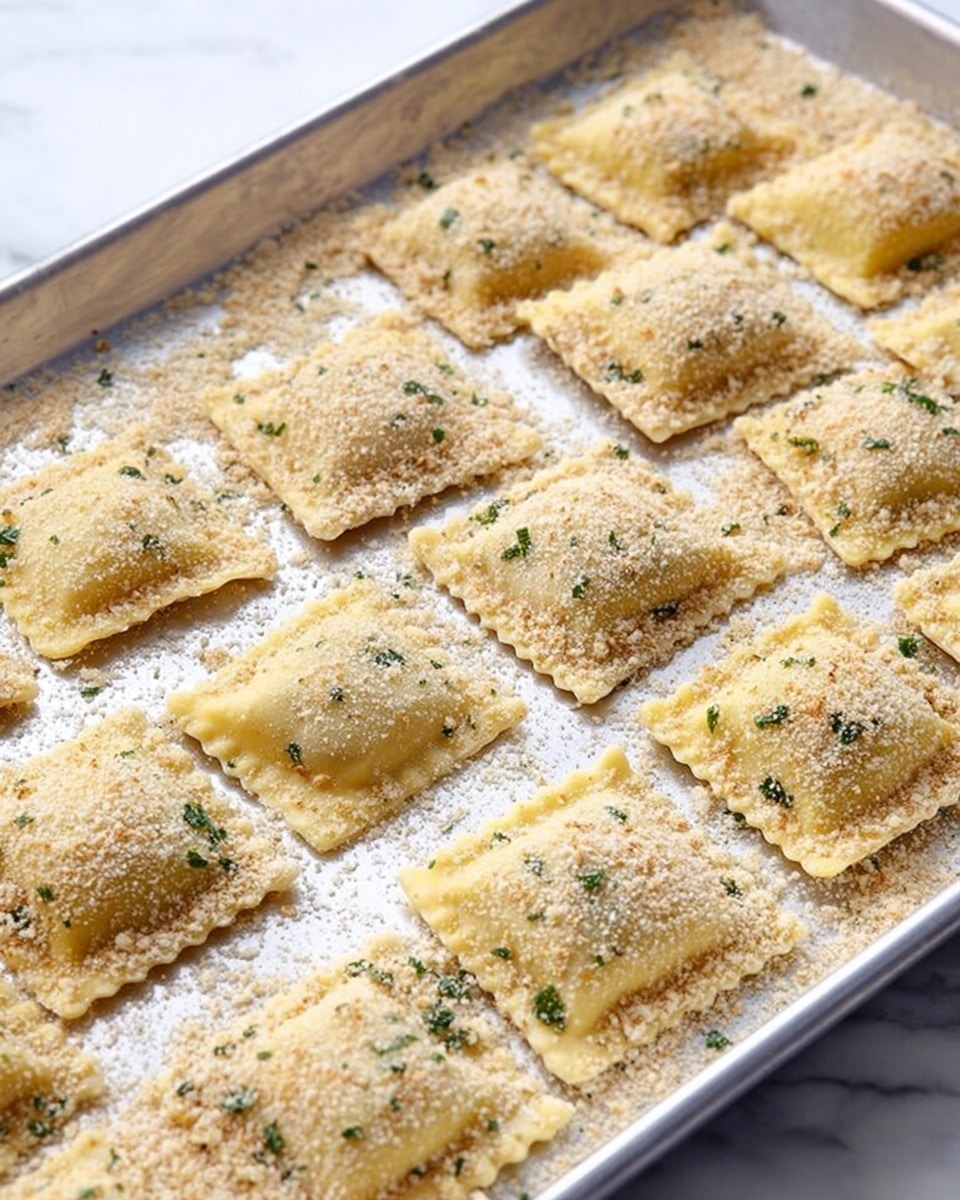 The image shows a baking tray with about three rows of small, square ravioli pieces neatly placed with space between each. The ravioli have a light golden color with a powdery coating of breadcrumbs and tiny green herb flakes scattered on top. Each piece looks soft with slightly raised edges and a rough texture from the breadcrumb cover. The tray sits on a white marbled surface and the scene is brightly lit, showing clear details and soft shadows. photo taken with an iphone --ar 4:5 --v 7