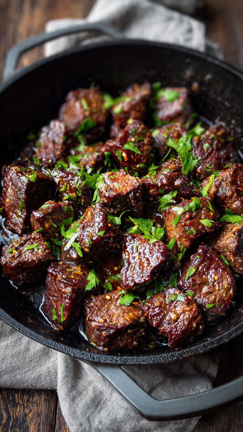 A black skillet filled with about 25 pieces of browned meat cubes, each piece showing a juicy, crispy outside with a slight shine from the sauce. The meat is garnished with finely chopped green herbs scattered evenly on top. The skillet rests on a wooden surface with part of a gray linen cloth visible under the handle. The meat pieces are thick and vary in size, arranged closely together but not overlapping. photo taken with an iphone --ar 4:5 --v 7