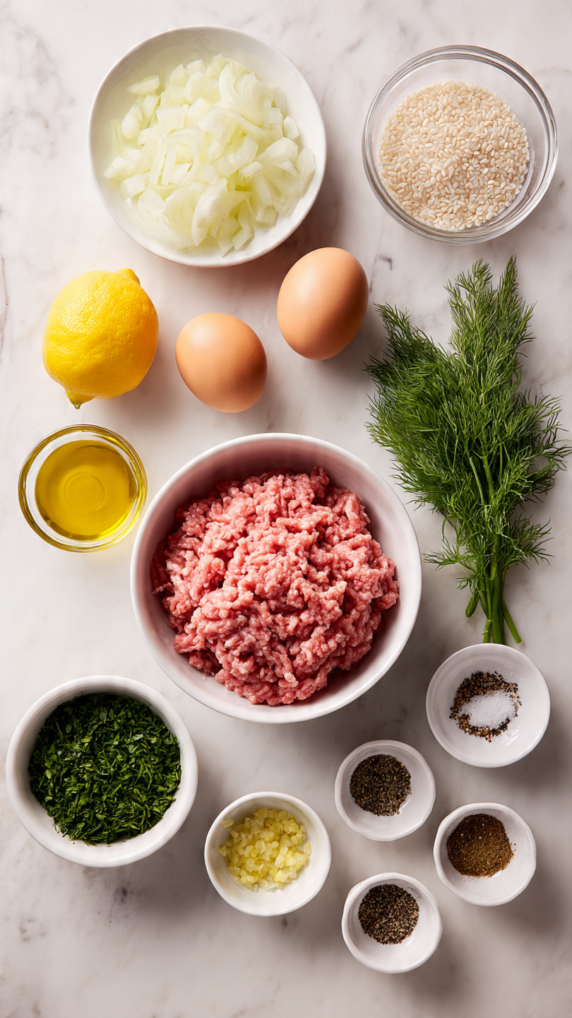 The image shows a neatly arranged set of cooking ingredients on a white marbled surface. In the center is a large white bowl with fresh pink ground meat. To the top right is a clear glass measuring cup filled with small white grains. Above the meat and to the left is a small white bowl with finely chopped white onions. To the right of the meat are two bright yellow lemons and below them are two brown eggs. Below the meat and to the left is a small clear glass bowl with a golden liquid, likely oil. Surrounding these main items are five small white bowls: one with chopped green herbs, one with dried green dill, one with ground black pepper, one with coarse salt, and two with different greenish-brown powdered spices. The arrangement is orderly and well spaced. photo taken with an iphone --ar 4:5 --v 7