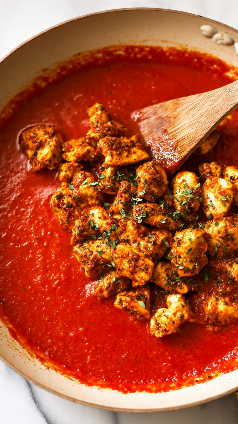 A blue pot filled with thick orange sauce that covers many chunks of food, likely pieces of meat or vegetables. The sauce has a creamy texture with visible herbs and small black pepper flakes sprinkled on top. The inner side of the pot is white, contrasting with the vibrant orange sauce. The pot sits on a surface with a white marbled texture. photo taken with an iphone --ar 4:5 --v 7