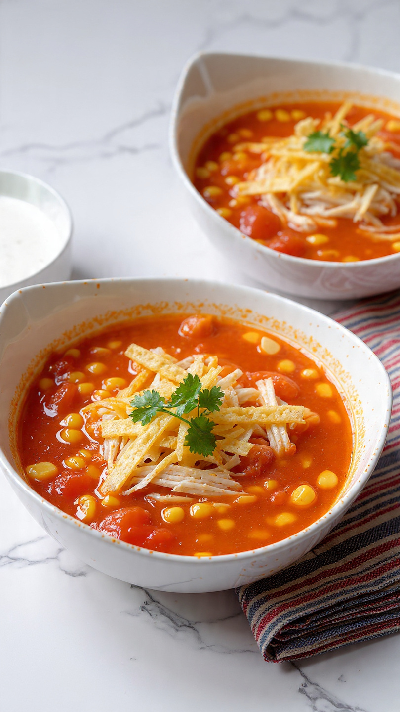 Crockpot Chicken Tortilla Soup Recipe 5 The image shows a bowl of soup with rich red broth filled with shredded chicken, yellow corn kernels, and chunks of tomato. On top, there are several crispy, golden-brown tortilla strips scattered throughout, along with sprigs of fresh green cilantro for garnish. The bowl is white with brown speckles, set against a white marbled surface, and next to it is a folded cloth napkin with red and blue stripes. Part of another bowl with similar soup is visible in the background. Photo taken with an iphone --ar 4:5 --v 7