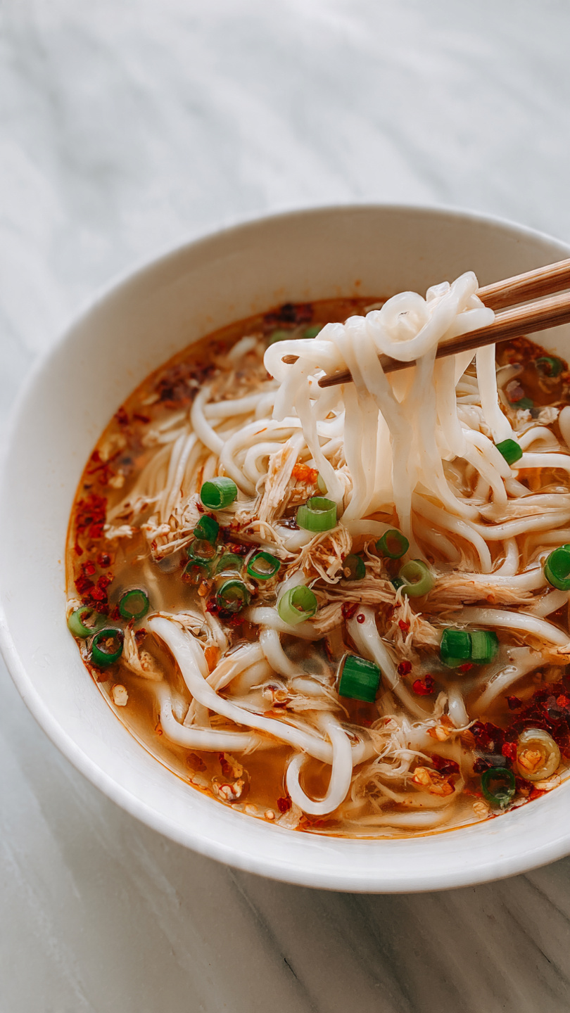 A white bowl filled with a clear, reddish broth holding thick white noodles lifted by chopsticks, showing their soft and smooth texture. The soup has light brown shredded chicken pieces spread out evenly, bright green round slices of green onion floating on the surface, and some thin orange carrot strips mixed with the noodles. Small dark red chili flakes add a touch of color on the broth and some chili oil spreads lightly on top. The bowl is placed on a white marbled surface. photo taken with an iphone --ar 4:5 --v 7
