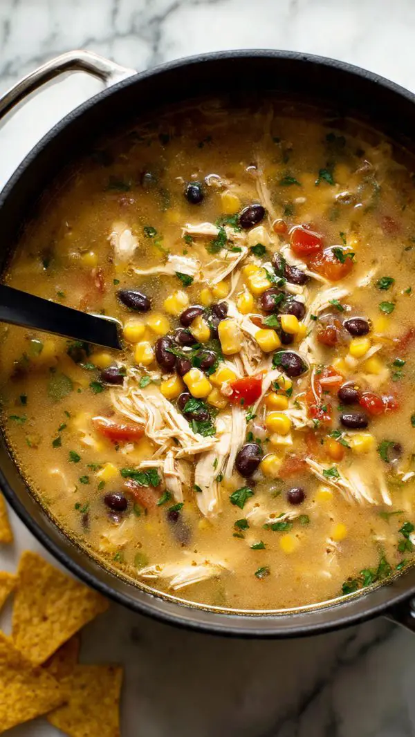 Crockpot Chicken Tortilla Soup Recipe 4 This image shows a black slow cooker filled with a colorful soup, with a silver ladle resting inside. The soup has several layers: a bright orange broth base, shredded light brown chicken pieces, yellow corn kernels, black beans scattered throughout, diced red tomatoes, and small green herbs mixed in. The soup looks thick with fresh, mixed ingredients giving a vibrant and hearty texture. The pot sits on a white marbled surface, and a woman's hand is holding a blue tortilla chip at the edge of the image. Photo taken with an iphone --ar 4:5 --v 7