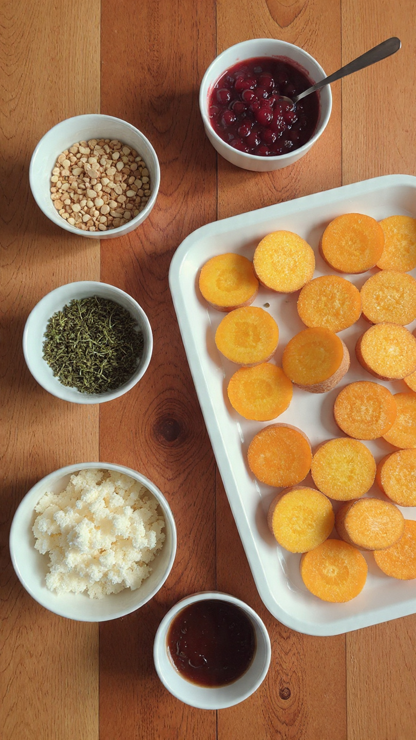The image shows a top-down view of several small dishes and a white tray on a wooden table. The white tray on the right holds two layers of round, golden-yellow sweet potato slices with slightly browned edges arranged in a grid pattern. Above the tray, there is a white bowl filled with dark red chunky cranberry sauce with a spoon inside. To the left of that is a white bowl holding chopped toasted nuts with a mix of golden brown and darker brown colors. Below the nuts, a small white bowl contains fresh green thyme leaves. Below the thyme, another white bowl holds thick dark brown sauce with a spoon inside. At the bottom left of the frame, a white bowl contains crumbled white cheese. photo taken with an iphone --ar 4:5 --v 7