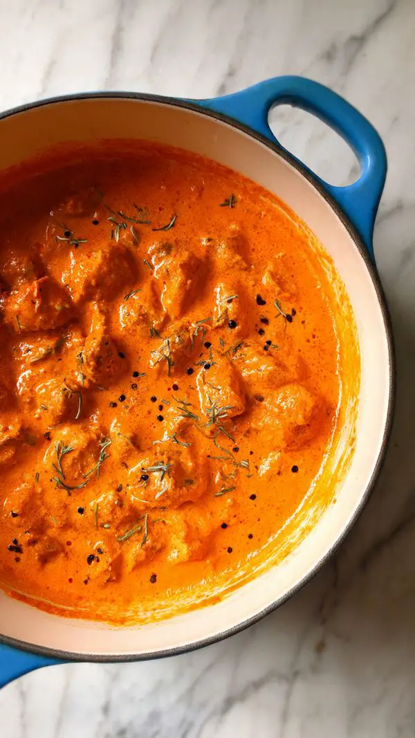A close-up of a pan with bright red tomato sauce filling the bottom and sides, showing a smooth and slightly thick texture. On top of the sauce, there are many small browned pieces of cooked chicken with herbs visible on them, giving a slightly shiny and seasoned look. A wooden spatula is resting on the right side of the pan, partially mixing the chicken into the sauce. The pan has a white marbled texture below it. Photo taken with an iphone --ar 4:5 --v 7
