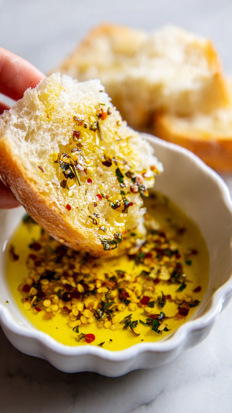 A close-up image shows a piece of light beige bread with a soft texture, being dipped by a woman's hand into a white small bowl filled with golden yellow olive oil mixed with visible small bits of herbs and spices including black pepper, red chili flakes, and green herbs. The bread soaks up the oil, and the bowl sits on a white marbled surface. The edges of the white bowl are slightly scalloped, and the image is bright, highlighting the texture of the bread and the oil mixture. photo taken with an iphone --ar 4:5 --v 7