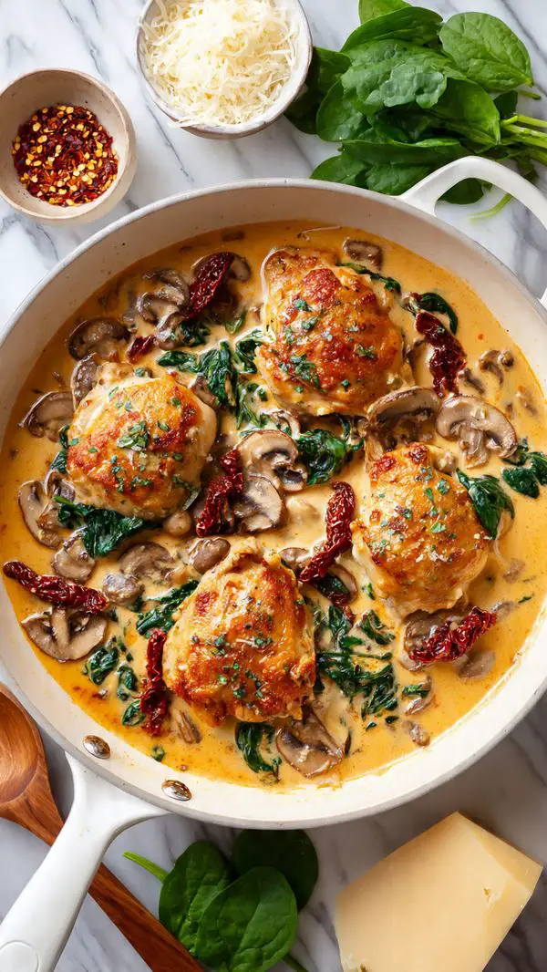 A white pan filled with three golden-brown cooked chicken pieces lying in a creamy orange sauce with visible bits of green spinach leaves, sliced mushrooms, and dark red sun-dried tomatoes scattered on top and around the chicken. The sauce is thick and speckled with herbs. Around the pan, there are fresh spinach leaves, a small white bowl with grated cheese, a wooden spoon with red chili flakes, and a chunk of hard yellow cheese on the white marbled surface. photo taken with an iphone --ar 4:5 --v 7
