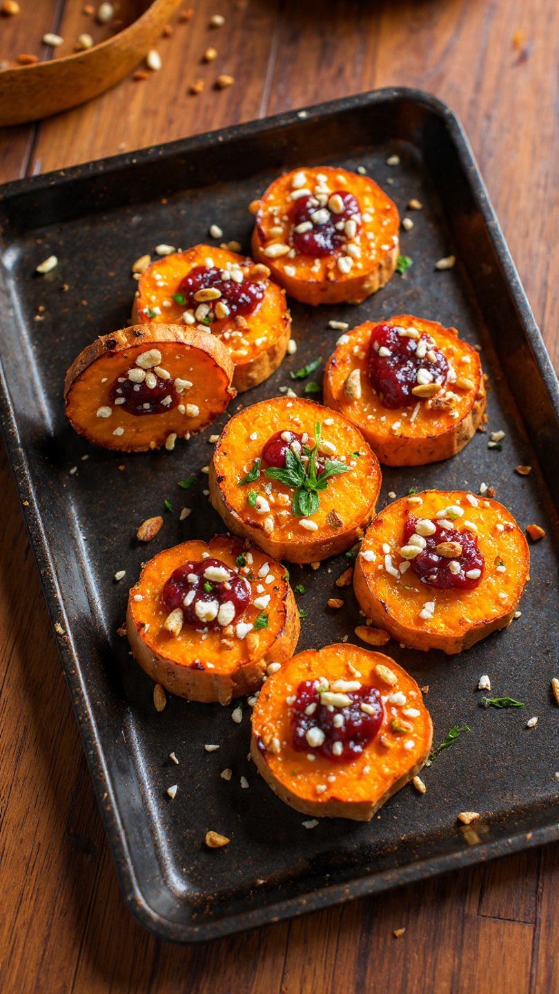 The image shows several small round orange slices of roasted sweet potato arranged closely in a single layer on a dark-textured tray. Each sweet potato slice is topped with a bright red dollop of cranberry sauce in the center, scattered with small chunks of white cheese and pieces of toasted nuts. Tiny green herb leaves are sprinkled over the toppings and some are also on the tray around the slices. The tray is on a wooden surface partly blurred in the background. photo taken with an iphone --ar 4:5 --v 7
