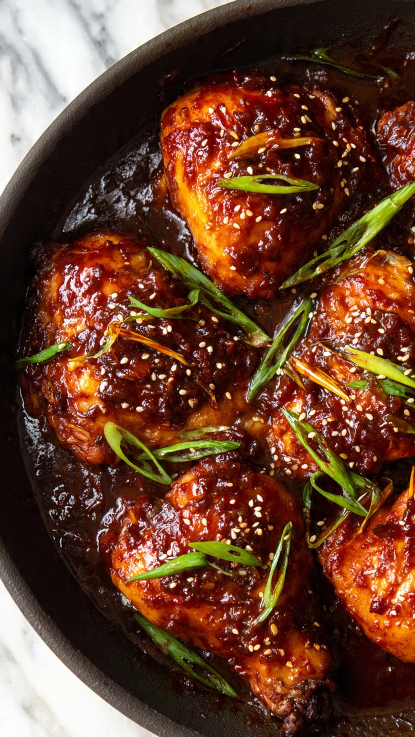 Slow Cooker Honey Garlic Chicken Recipe 3 The image shows seven large pieces of dark brown cooked chicken, each covered with a shiny reddish-brown sauce, arranged closely together inside a black pan. The sauce looks thick and glossy, pooling slightly around the chicken. Small white sesame seeds are scattered evenly over the top of the chicken pieces. Bright green sliced spring onions are sprinkled across the dish, adding a fresh contrast to the deep colors of the chicken and sauce. The background is a white marbled texture. photo taken with an iphone --ar 4:5 --v 7