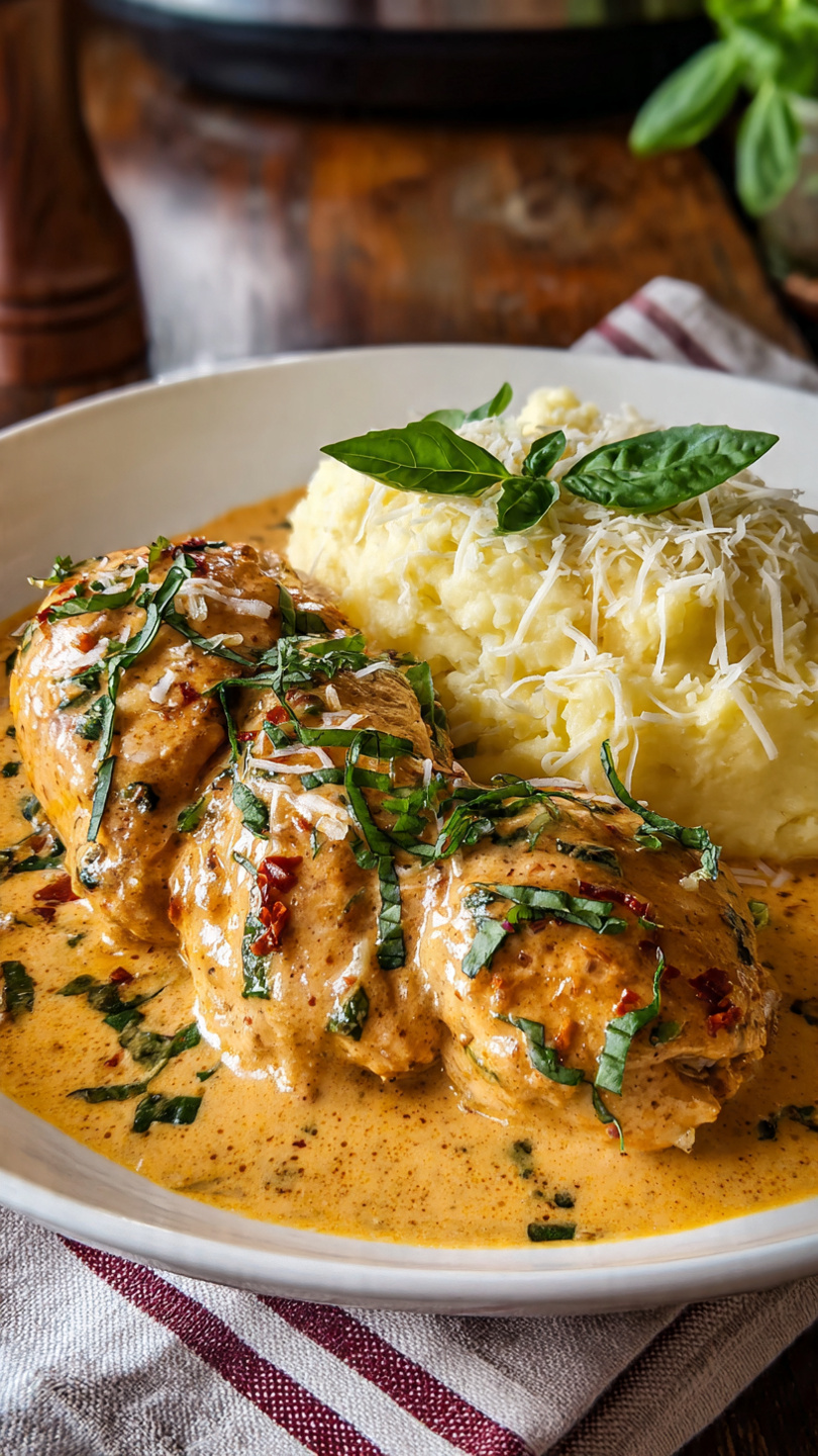 The image shows a pan with four pieces of cooked chicken, each piece browned with a slightly crispy texture on top. They are placed over a creamy yellow sauce mixed with small bits of cooked bacon and green herbs scattered throughout. The sauce has a smooth texture with a shiny, oily surface that reflects light. The chicken pieces are arranged in a loose line from the top to bottom of the pan, surrounded by the sauce which spreads evenly across the pan’s bottom. photo taken with an iphone --ar 4:5 --v 7