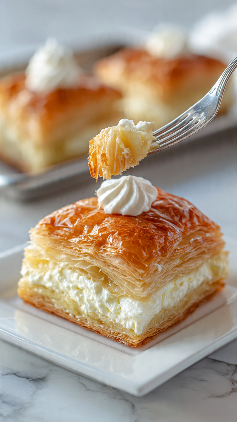 A close-up of a square, three-layered pastry on a white plate with a white marbled surface beneath, featuring shiny, golden-brown layers of flaky bread filled generously with two thick creamy white filling layers. The top layer is glossy with a smooth dollop of cream resting centrally. In the background, a baking tray with more similar pastries can be seen out of focus. A silver fork is lifting one portion, showing the soft, creamy texture inside. Photo taken with an iphone --ar 4:5 --v 7