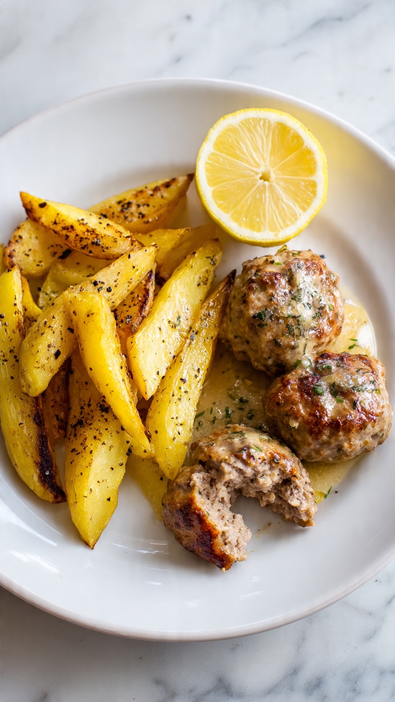 The dish shows a white plate with two main parts: golden yellow potato wedges on the left, seasoned with coarse black pepper and herbs that give a rough texture with some browned edges, and on the right, three large meatballs covered in a light brown sauce that is slightly shiny, with some herbs sprinkled on top; one meatball is partially eaten, showing a soft, cooked inside with a crumbly texture. At the back of the plate, a bright yellow lemon wedge adds a fresh color contrast. The plate rests on a white marbled surface. photo taken with an iphone --ar 4:5 --v 7