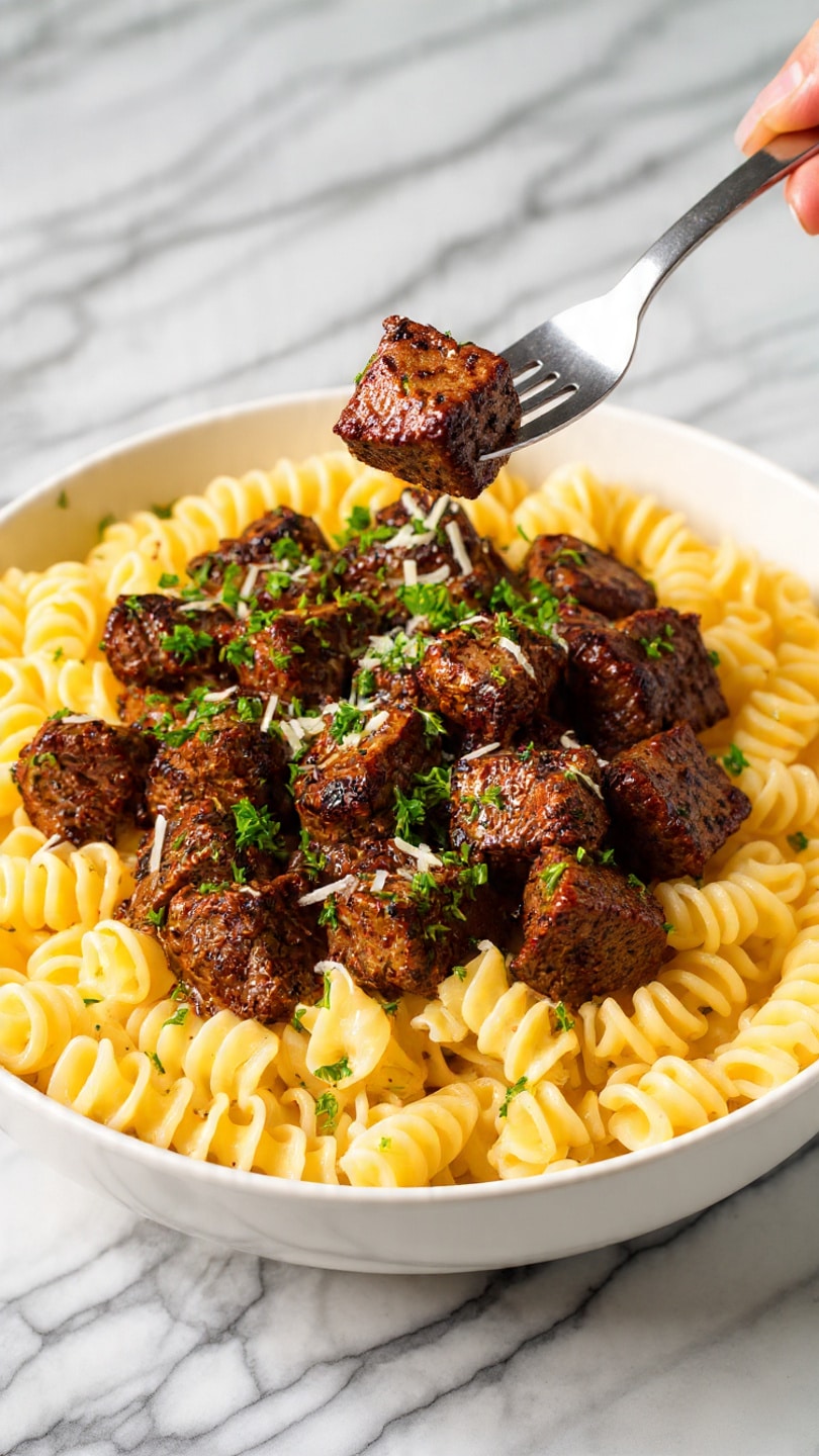 A white bowl filled with rigatoni pasta mixed with a creamy, light orange sauce flecked with green herbs. On top, there are several browned, square meat pieces with a slightly crispy texture. A silver fork rests inside the bowl, holding some meat pieces above the pasta and sauce. The background is a white marbled surface, giving a clean look to the image. photo taken with an iphone --ar 4:5 --v 7
