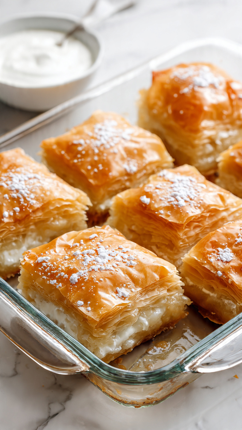 The image shows a clear glass baking dish with six square pastries arranged in two rows of three. Each pastry has multiple golden brown, shiny, flaky layers on top, with a smooth white creamy filling visible between the layers. The pastries have a slightly puffed and crisp texture, and some powdered sugar is lightly sprinkled on the top. There is a small white bowl of white sauce blurred in the background on a white marbled surface. Photo taken with an iphone --ar 4:5 --v 7