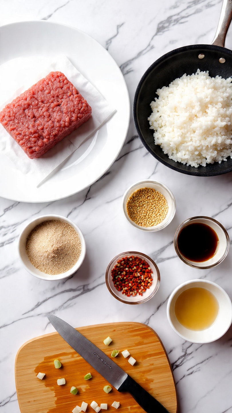 The image shows a flat white plate with a rectangular block of raw ground beef placed on white parchment paper on the left side. To the right, there is a round skillet filled with cooked white rice. Below, there are several small white bowls and glass containers arranged on a white marbled surface: one bowl contains a light brown powder, another has a golden sesame seed mix, and two glass bowls hold red chili flakes and dark soy sauce. A small white bowl contains an amber liquid. A wooden cutting board is placed in the bottom center with chopped green onions scattered on it and a small knife resting diagonally on the board. photo taken with an iphone --ar 4:5 --v 7
