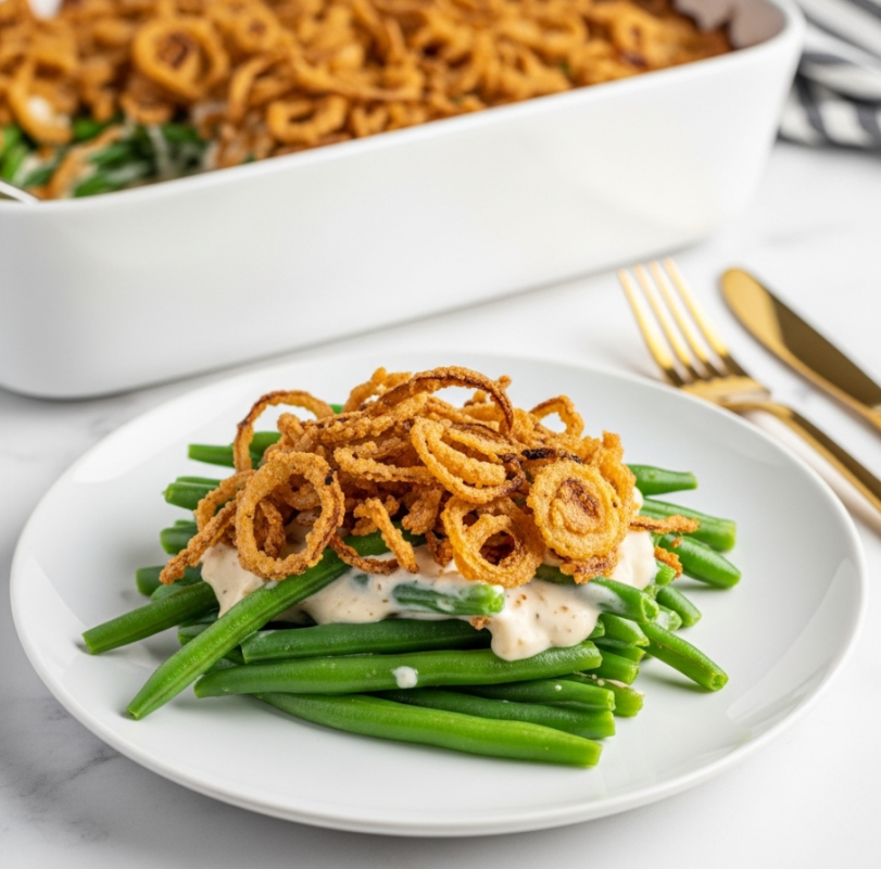 A close-up view of a white dish filled with a green bean casserole showing three main layers: bright green fresh green beans forming the bottom and middle layers, creamy white mushroom sauce mixed throughout the green beans creating a smooth light layer, and golden crispy fried onion strings scattered thickly on top, adding texture and color. A wooden spoon is lifting some of the casserole, holding a mix of green beans with creamy sauce and crispy onions, held over the dish. The background is a white marbled texture. Photo taken with an iphone --ar 4:5 --v 7