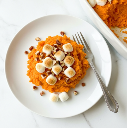 A close-up view of a round baking dish filled with a warm dessert that has multiple layers. The bottom layer is a moist, golden-brown cake with a slightly rough texture. On top, there are fluffy white marshmallows melted and soft, spreading unevenly across the cake. Scattered on the marshmallows are many whole pecans, deep brown and shiny, adding a crunchy texture. A gold spoon is placed on the right side inside the dish, partly covered by the dessert. The baking dish sits on a white marbled surface. photo taken with an iphone --ar 4:5 --v 7