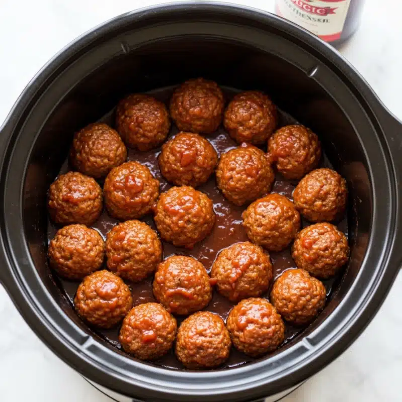 Cocktail Meatballs (Grape Jelly Meatballs) Recipe 4 A black slow cooker pot full of round meatballs covered in a shiny reddish-brown sauce. The meatballs are packed closely together, each one slightly textured and moist with glistening sauce that has small chunks and a sticky look. The pot sits on a white marbled surface, and a bottle with a red and white label is faintly visible behind the pot. The scene feels warm and inviting, focusing on the saucy, rich-coated meatballs inside the pot photo taken with an iphone --ar 4:5 --v 7