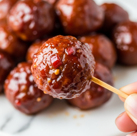 Cocktail Meatballs (Grape Jelly Meatballs) Recipe 5 The image shows a close-up of a shiny, glazed meatball on a wooden skewer being held by a woman's hand, with the meatball having a reddish-brown color and visible small pieces of red and white ingredients embedded in it. The texture looks smooth and sticky with a glossy sauce coating it, while the background is blurred but suggests more meatballs with the same glaze. The surface beneath is a white marbled texture. Photo taken with an iphone --ar 4:5 --v 7