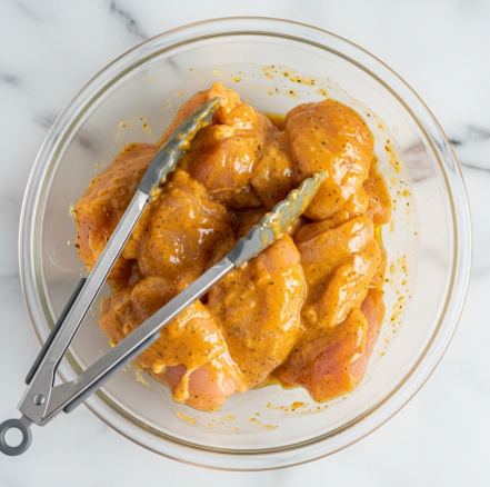 Greek Chicken with Lemon and Feta Recipe 4 A clear glass bowl holds several pieces of raw chicken coated in a thick yellow-orange sauce mixed with visible herbs and spices, giving it a textured, glossy look. The chicken pieces are piled slightly uneven, showing some pinkish-white skin peeking through the sauce. Resting on the bowl’s edge are silver metal tongs with grey silicone tips, positioned diagonally from the bottom left to the upper right. The bowl sits on a smooth white marbled surface that brightens the image, highlighting the bowl and its contents clearly. photo taken with an iphone --ar 4:5 --v 7