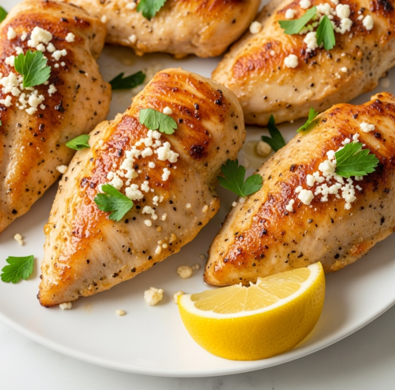 Greek Chicken with Lemon and Feta Recipe 5 The dish shows five grilled chicken pieces, golden brown with some char marks, arranged on a white oval plate. The chicken is topped with small chunks of white cheese and green parsley leaves scattered evenly. Three lemon wedges sit around the chicken, adding bright yellow color. A vintage fork and spoon rest together on the top right of the plate. The plate is placed on a white marbled surface with a textured gray cloth nearby. Photo taken with an iphone --ar 4:5 --v 7