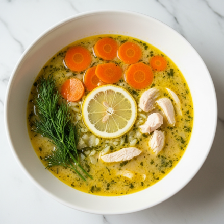 Greek Lemon Chicken Soup Recipe 3 A close-up view of a white pot filled with creamy chicken soup showing shredded chicken pieces and small chunks of orange carrots, all covered in a thick light beige broth speckled with black pepper and fresh chopped green parsley. Several thin slices of bright yellow lemon float on the surface, adding a fresh contrast. A silver ladle with a wooden handle, held by a woman's hand, scoops the soup out, highlighting the chunky texture and rich creaminess. The background is a white marbled texture. photo taken with an iphone --ar 4:5 --v 7