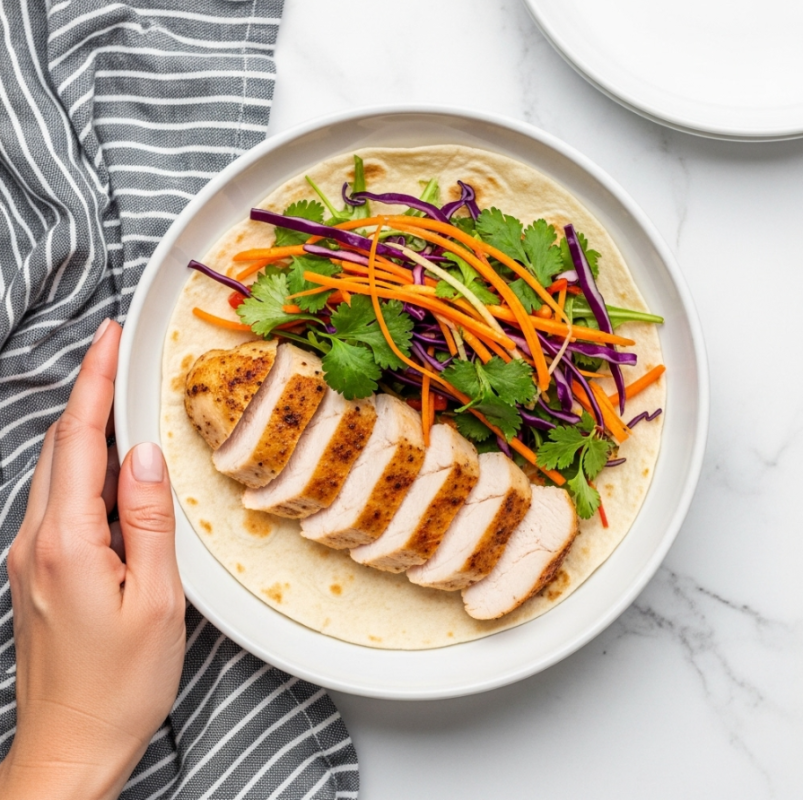 Thai Chicken Wrap with Crunchy Asian Slaw Recipe 4 A white bowl with a soft white tortilla inside, topped with sliced cooked chicken pieces arranged in a row. On top of the chicken is a mix of thin, colorful vegetable strips including orange carrots, green herbs, and purple cabbage, giving a fresh, crunchy look. The background is a white marbled surface, with a gray and white striped cloth on the side and a white plate partly visible in the top right corner. The woman's hand is slightly reaching towards the bowl. photo taken with an iphone --ar 4:5 --v 7