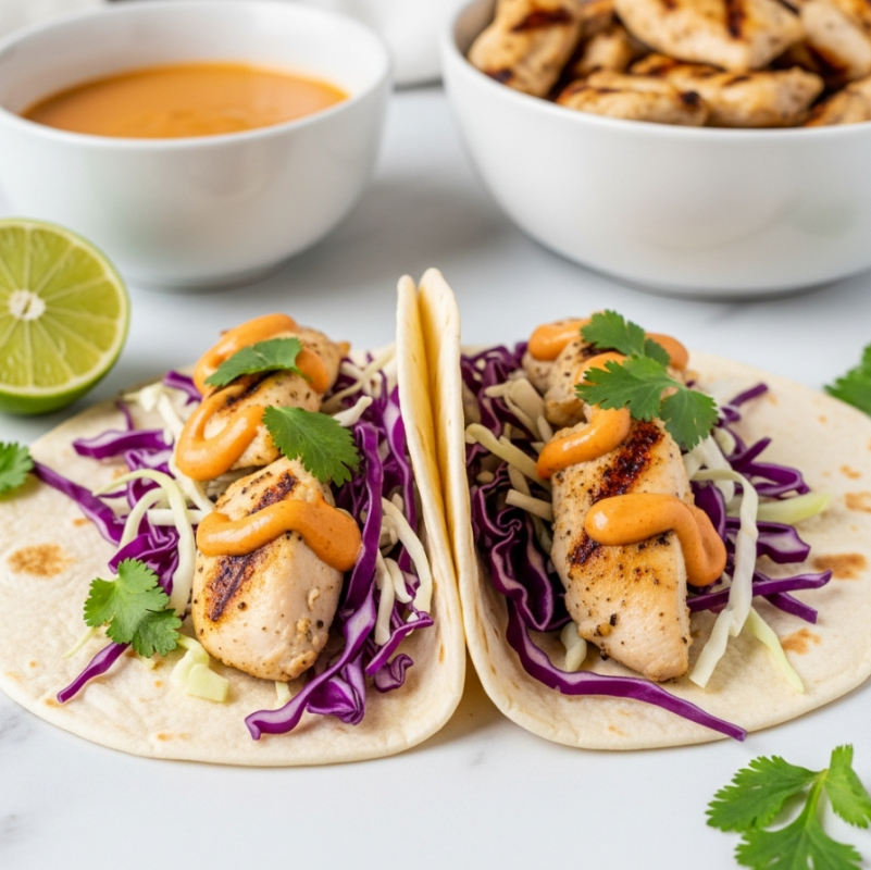 Thai Chicken Wrap with Crunchy Asian Slaw Recipe 5 A close-up view of two soft, white tortillas wrapped around grilled white chicken pieces, purple cabbage shreds, and a bright orange sauce, garnished with chopped green cilantro. In the background, there is a plain white bowl with a light brown sauce and another white bowl filled with more grilled chicken pieces. A sliced lime and some cilantro leaves rest on a white marbled surface near the food. The colors are fresh and inviting, with the textures of the grilled chicken, creamy sauce, and crisp cabbage clearly visible. Photo taken with an iphone --ar 4:5 --v 7