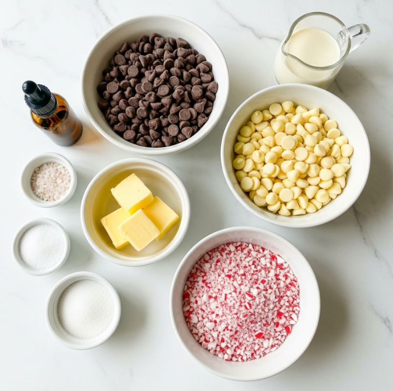 Peppermint Swirl Fudge Recipe 3 The image shows six small white bowls and a small glass pitcher, all placed on a white marbled surface. Two larger white bowls hold chocolate chips, one with dark brown chocolate chips and the other with creamy yellow white chocolate chips. A smaller white bowl contains three cubes of pale yellow butter. Another white bowl is filled with crushed red and white peppermint candy. The small glass pitcher holds a smooth light cream liquid. On the left side, there is a small brown glass dropper bottle and two tiny bowls with white coarse salt and fine white sugar. The layout is neat with soft natural light. Photo taken with an iphone --ar 4:5 --v 7