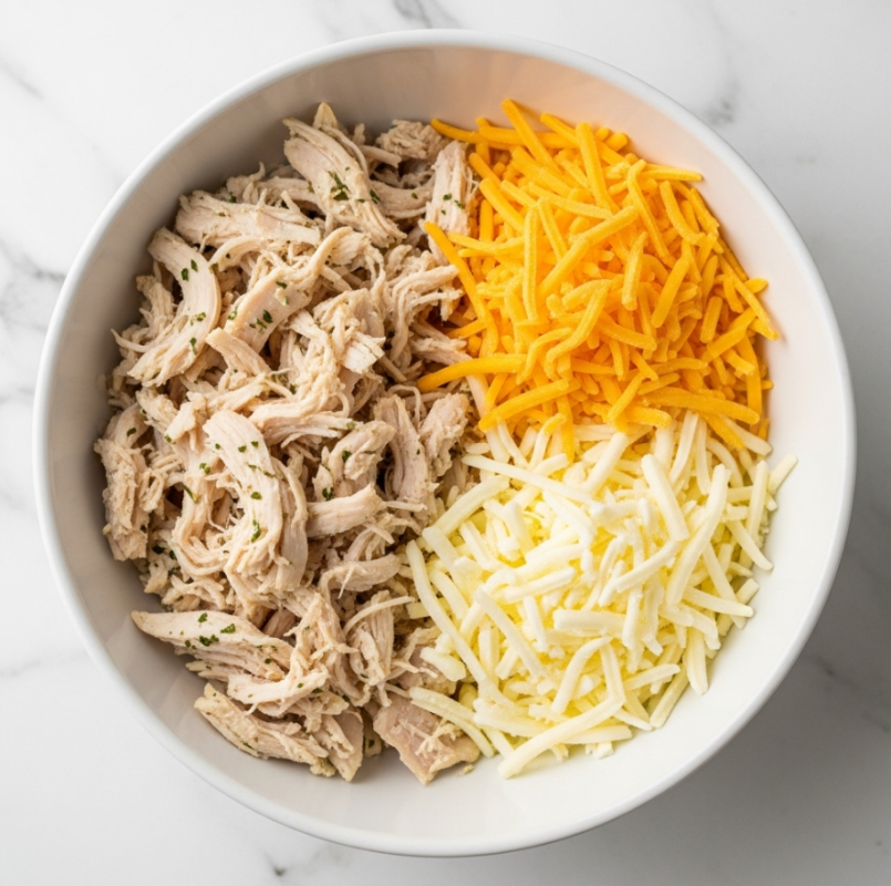 Chicken Hashbrown Casserole Recipe 4 The image shows a white bowl with three layers of ingredients side by side. On the left side is shredded pale cooked chicken with some herbs and light browning on parts. On the bottom right is a layer of white shredded cheese, and on the top right is a layer of yellow-orange shredded cheese. The bowl sits on a white marbled surface. photo taken with an iphone --ar 4:5 --v 7