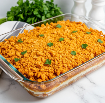 Chicken Hashbrown Casserole Recipe 5 A clear rectangular glass baking dish filled with a casserole that has one visible layer topped with a crunchy, golden-orange crust made of crushed chips, scattered unevenly with small green parsley leaves. The edges of the crust are slightly browned and crisp, showing texture and crunch. The dish sits on a white marbled surface, with a white and gray striped cloth and a bunch of fresh green parsley visible behind it, along with white salt and pepper shakers in the background. photo taken with an iphone --ar 4:5 --v 7