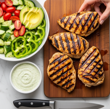 Peruvian Chicken with Aji Verde and Cilantro Rice Recipe 4 The image shows four grilled chicken pieces with clear dark grill marks, placed close together on a wooden cutting board. To the left of the chicken, there is a white bowl filled with a salad made of chopped cucumber, cherry tomatoes, sliced green bell peppers, and avocado pieces. Next to the bowl, there is a small white bowl filled with a creamy green sauce. Below the cutting board, a knife with a black handle rests on the white marbled surface. A woman's hand holds one piece of grilled chicken at the top right corner of the cutting board. photo taken with an iphone --ar 4:5 --v 7