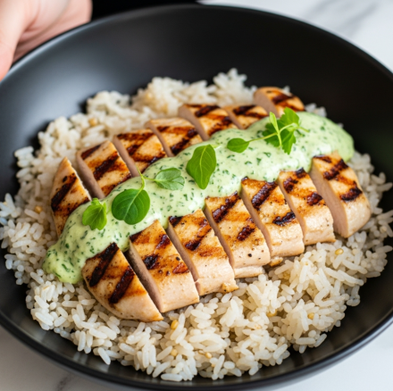 Peruvian Chicken with Aji Verde and Cilantro Rice Recipe 5 The image shows a white plate with several grilled chicken pieces arranged in layers. The chicken is golden brown with a slightly charred texture, revealing juicy white meat inside. A creamy green sauce is drizzled over the chicken, adding a smooth contrast to the crispy surface. Fresh green herbs are sprinkled on top, adding bright green touches that bring freshness. On the side, there is a white bowl filled with more of the green sauce and a slice of lime with vibrant green skin and pale green inside resting on the plate. The plate sits on a white marbled surface. photo taken with an iphone --ar 4:5 --v 7